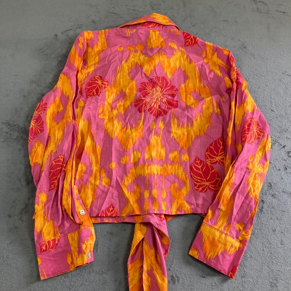 Christian Siriano New York Pink Orange Ikat Floral Linen Blend Tie Front Top L - Picture 4 of 7